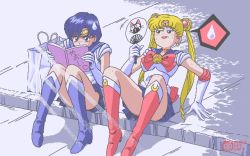 Rule 34 | 1990s (style), 2girls, bag, bishoujo senshi sailor moon, blonde hair, blue eyes, blue footwear, blue hair, blue sailor collar, blue skirt, blush, book, boots, bow, choker, double bun, earrings, elbow gloves, fujoshi, gloves, hand fan, jewelry, knee boots, long hair, magical girl, mizuno ami, multiple girls, open book, paper fan, pc-98 (style), pornography, reading, red bow, retro artstyle, sailor collar, sailor mercury, sailor moon, short hair, sitting, skirt, sweat, sweatdrop, thigh gap, thighs, tiara, tsukino usagi, twintails, uchiwa, viewing pornography, white gloves