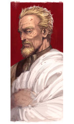 Rule 34 | 1boy, askeladd, beard, blonde hair, blood, blood on clothes, blood on face, blue eyes, facial hair, highres, long sleeves, looking at viewer, male focus, manly, realistic, red background, scar, simple background, sketch, solo, traditional media, viking, vinland saga, yomimomsg