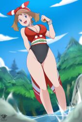 Rule 34 | 1girl, absurdres, adapted costume, black one-piece swimsuit, bow hairband, bracelet, breasts, brown hair, cameltoe, cleavage, creatures (company), forest, game freak, grey eyes, hairband, highres, holding, holding poke ball, jewelry, kaos art, may (pokemon), medium breasts, medium hair, nature, nintendo, one-piece swimsuit, orange hairband, orange shirt, poke ball, pokemon, pokemon legends: arceus, pokemon oras, shirt, sleeveless, sleeveless shirt, smile, solo, stream, swimsuit, wading, water