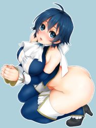 Rule 34 | 1girl, ascot, ass, atlus, bad id, bad pixiv id, blue background, blue eyes, blue hair, blush, boots, bottomless, breasts, detached sleeves, high-cut armor (persona), high heel boots, high heels, kneeling, large breasts, lips, majoccoid, matching hair/eyes, no panties, parted lips, persona, persona 4, persona 4 the golden, shirogane naoto, shoes, short hair, solo, squatting, thigh boots, thighhighs, thighs