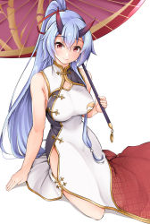 Rule 34 | 1girl, asymmetrical hair, blush, breasts, china dress, chinese clothes, commentary request, dress, fate/grand order, fate (series), hair ribbon, heroic spirit traveling outfit, highres, horns, kneeling, large breasts, long hair, looking at viewer, oil-paper umbrella, oni horns, ponytail, red eyes, red ribbon, ribbon, sezok, side slit, sidelocks, silver hair, simple background, single sidelock, sleeveless, smile, solo, tomoe (symbol), tomoe gozen (fate), tomoe gozen (traveling outfit) (fate), umbrella, very long hair, white background