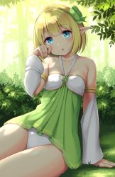 Rule 34 | 1girl, :o, bare shoulders, blonde hair, clover, cowboy shot, elf, forest, four-leaf clover, looking at viewer, medium hair, nature, original, outdoors, panties, pointy ears, sasaame, sitting, solo, underwear, white panties