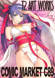 Rule 34 | 1girl, arm behind back, breasts, butterfly wings, circle name, detached sleeves, earrings, flower earrings, groin, hair ribbon, hairband, highleg, insect wings, japanese clothes, jewelry, leotard, long hair, looking at viewer, original, purple eyes, purple hair, ribbon, salute, sash, smile, solo, thigh strap, tony taka, twintails, very long hair, wings
