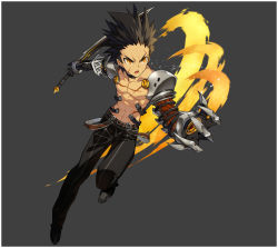 Rule 34 | 1boy, armor, black pants, buckle, choker, claws, elsword, grey background, mechanical arms, non-web source, official art, pants, pauldrons, raven cronwell, ress, scar, topless male, shoulder armor, single mechanical arm, spiked hair, sword, taker (elsword), weapon, yellow eyes