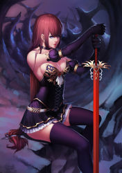 Rule 34 | 1girl, absurdres, bare shoulders, black gloves, black thighhighs, blue eyes, breasts, brown hair, choker, cleavage, corset, cross-laced clothes, elbow gloves, frilled skirt, frills, garter straps, gloves, highres, knight, lips, long hair, looking at viewer, miniskirt, original, rekaerb maerd, signature, sitting, skirt, solo, strapless, sword, thighhighs, very long hair, weapon