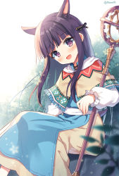 Rule 34 | 1girl, :d, animal ears, black ribbon, blurry, blurry foreground, blush, brown capelet, brown dress, bush, cape, capelet, depth of field, dress, fringe trim, hair ribbon, head tilt, kasumi (princess connect!), long hair, long sleeves, mauve, open mouth, princess connect!, puffy long sleeves, puffy sleeves, purple eyes, purple hair, ribbon, sitting, sleeves past wrists, smile, solo, staff, twitter username, very long hair