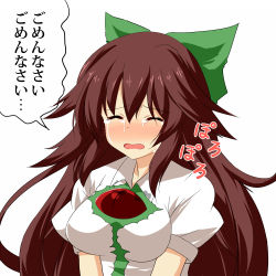 Rule 34 | 1girl, be (o-hoho), blush, bow, breasts, brown hair, closed eyes, crying, hair bow, large breasts, long hair, open mouth, puffy sleeves, reiuji utsuho, shirt, short sleeves, simple background, solo, tears, third eye, touhou, translated, upper body, very long hair, wavy mouth, white background