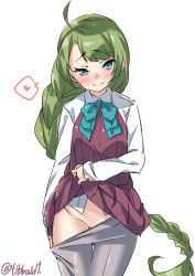 Rule 34 | 10s, 1girl, ahoge, blue bow, blue bowtie, blue eyes, blush, bow, bowtie, braid, closed mouth, clothes lift, clothes pull, collared shirt, cowboy shot, cropped legs, dress, dress lift, ebifurya, green hair, grey pantyhose, groin, heart, highres, kantai collection, lifting own clothes, long hair, long sleeves, looking at viewer, mole, mole under mouth, no panties, pantyhose, pantyhose pull, pink dress, pulling own clothes, shirt, simple background, single braid, sleeveless, sleeveless dress, smile, solo, speech bubble, spoken heart, thigh gap, twitter username, very long hair, white background, white shirt, yuugumo (kancolle)