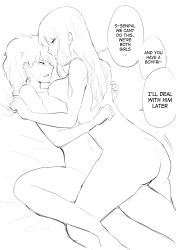 Rule 34 | 2girls, absurdres, asymmetrical docking, bed sheet, black eyes, blush, breast press, breasts, commentary, english commentary, closed eyes, greyscale, highres, long hair, lying, lynus, messy hair, monochrome, motion lines, multiple girls, navel, nipples, nude, on back, on bed, open mouth, original, sheet grab, short hair, sketch, speech bubble, sweat, tearing up, yuri