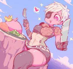Rule 34 | 1girl, armor, black skirt, black thighhighs, blonde hair, blue sky, breastplate, breasts, character request, cloud, crown, day, drooling, dutch angle, eyepatch, female focus, food, fork, freckles, green shirt, hands up, happy, holding, horizon, jpeg artifacts, knife, looking down, medium breasts, miniskirt, monster hunter, monster hunter (series), monster hunter x, ocean, open mouth, outdoors, pencil skirt, plate, poogie, red eyes, shiny skin, shirt, short hair, short sleeves, shoulder armor, sketch, skirt, sky, smile, solo, sparkle, starmilk, teeth, thighhighs, tree stump, water, yellow headwear, zettai ryouiki
