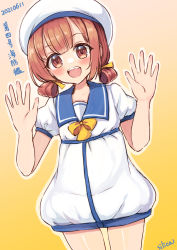 Rule 34 | 1girl, artist name, blue sailor collar, bow, brown eyes, brown hair, commentary request, dated, dress, gradient background, hair rings, hands up, hat, kaiboukan no. 4 (kancolle), kantai collection, long hair, looking at viewer, low twintails, open mouth, sailor collar, sailor dress, sailor hat, silica (silica silylate), solo, teeth, twintails, upper teeth only, white dress, white hat, yellow background, yellow bow