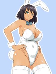 Rule 34 | 1girl, animal ear hairband, animal ears, babydoll, black hair, blue babydoll, blue bow, blue bowtie, bob cut, bow, bowtie, breasts, cleavage, closed mouth, commentary, covered navel, cowboy shot, dark-skinned female, dark skin, fake animal ears, fake tail, girls und panzer, green eyes, half-closed eyes, highleg, highleg leotard, highres, hoshino (girls und panzer), large breasts, leotard, looking at viewer, outline, playboy bunny, rabbit ear hairband, rabbit ears, rabbit tail, short hair, smile, solo, standing, strapless, strapless leotard, tail, thighhighs, white leotard, white outline, white thighhighs, wrist cuffs, yass hero
