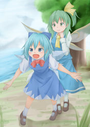 Rule 34 | 2girls, absurdres, ankle socks, blue eyes, blue hair, cirno, daiyousei, dress, facing away, fairy wings, green eyes, green hair, hair ribbon, hand on own chest, highres, lake, leaning forward, long sleeves, mary janes, multiple girls, open mouth, outstretched arms, pantyhose, ribbon, shoes, short hair, short sleeves, shou (ahiru shinobu), side ponytail, skirt, skirt set, socks, spread arms, touhou, tree, white legwear, wings