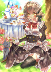 Rule 34 | 1girl, absurdres, black thighhighs, blush, brown hair, bug, butterfly, cat, day, flower, food, highres, insect, maid headdress, md5 mismatch, moe2015, pink flower, short hair, sky, solo, sweets, teapot, thighhighs, touki matsuri, tree