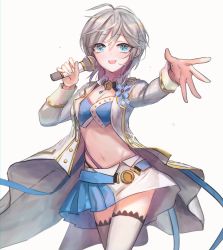 Rule 34 | 1girl, :d, anastasia (idolmaster), blue eyes, breasts, cleavage, coat, cowboy shot, grey thighhighs, groin, hair between eyes, highres, holding, holding microphone, idolmaster, idolmaster cinderella girls, medium breasts, microphone, midriff, miniskirt, navel, open clothes, open coat, open mouth, outstretched arm, rum raisin (chihiromakita19), short hair, simple background, skirt, smile, solo, standing, stomach, thighhighs, white background, white coat, zettai ryouiki