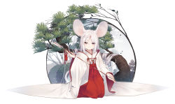 Rule 34 | 1girl, absurdres, animal ears, arrow (projectile), blush, closed mouth, commentary request, hair between eyes, hakama, hakama skirt, hamaya, highres, holding, holding arrow, japanese clothes, kimono, kneeling, long hair, miko, mouse ears, mouse girl, mouse tail, original, red eyes, red hakama, red ribbon, ribbon, skirt, smile, solo, tail, tokuno yuika, tree, very long hair, white hair, white kimono, white ribbon