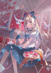 Rule 34 | 1girl, alice (alice in wonderland), alice in wonderland, bird, blonde hair, blue bow, blue eyes, blue hairband, blue jay, blue skirt, bow, card, chair, eating, food, fruit tart, hairband, highres, holding, holding food, mouse (animal), plate, playing card, puffy sleeves, skirt, solo, squirrel, swan, tart (food), wakuseiy, white bird, wrist cuffs