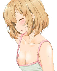 Rule 34 | 10s, 1girl, absurdres, bad id, bad pixiv id, blush, breasts, brown hair, camisole, closed eyes, collarbone, fang, girls und panzer, highres, itou ayachi, katyusha (girls und panzer), nipples, simple background, small breasts, solo, sweat, upper body, white background