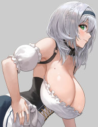 Rule 34 | 1girl, alternate costume, apron, armpits, bare shoulders, braid, breasts, bustier, cleavage, detached collar, detached sleeves, dirndl, frills, german clothes, green eyes, grey background, hairband, highres, hololive, hololive fantasy, huge breasts, looking at viewer, mole, mole on breast, nhaliz, shirogane noel, short hair, silver hair, smile, solo, virtual youtuber