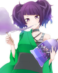 Rule 34 | 1girl, amai nekuta, bag, collar, collarbone, commentary request, cotton candy, diagonal bangs, grin, idolmaster, idolmaster shiny colors, japanese clothes, looking at viewer, purple eyes, purple hair, short hair, short twintails, simple background, single bare shoulder, smile, solo, tanaka mamimi, tank top, teeth, twintails, white background