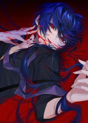 Rule 34 | 1boy, absurdres, black shirt, blood, blood on clothes, blood on face, blue hair, chocolate4170615, closed mouth, highres, long hair, looking at viewer, lying, male focus, on side, original, red eyes, shirt, short hair, solo, tongue, tongue out