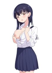 Rule 34 | black hair, blush, boku no kokoro no yabai yatsu, bra, bra pull, breasts, brown eyes, clothes pull, female focus, highres, large breasts, long hair, looking to the side, morisobo, one breast out, open clothes, open shirt, pulled by self, school uniform, straight hair, underwear, white background, yamada anna