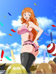 Rule 34 | !, 1girl, absurdres, ass, black thighhighs, bra, breasts, brown eyes, cleavage, clothes pull, cloud, from below, highres, large breasts, lingerie, long hair, looking back, nami (one piece), naughty face, one piece, open mouth, orange hair, outdoors, panties, pants, pants pull, photo background, pink bra, pink panties, skindentation, sky, solo focus, thighhighs, thighs, tongue, underwear, watermark, web address