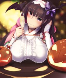 Rule 34 | 1girl, bad id, bad twitter id, bat (animal), black hair, blurry, blush, breasts, champagne flute, cup, depth of field, drinking glass, fate/grand order, fate (series), hood, hood down, jack-o&#039;-lantern, japanese clothes, large breasts, long hair, looking at viewer, osakabehime (fate), pumpkin, purple eyes, satou daiji, solo