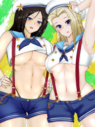 Rule 34 | 2girls, arm on own head, armpits, berumina, black hair, blonde hair, blue eyes, blush, breasts, clara (girls und panzer), crop top, girls und panzer, hands on own hips, hat, hat ornament, highres, large breasts, long hair, looking at viewer, midriff, multiple girls, navel, neckerchief, nonna (girls und panzer), open mouth, sailor, sailor collar, sailor hat, shorts, star (symbol), suspenders, wrist cuffs