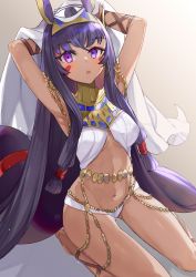 Rule 34 | 1girl, :o, absurdres, arms up, barefoot, belly chain, breasts, chain, dark-skinned female, dark skin, earrings, fate/grand order, fate (series), full body, gluteal fold, hair ribbon, hair tubes, highres, hoop earrings, jewelry, long hair, looking at viewer, low-tied long hair, medium breasts, navel, nitocris (fate), open mouth, purple eyes, purple hair, ribbon, seiza, simple background, single earring, sitting, solo, stomach, thighs, very long hair, yun-yang