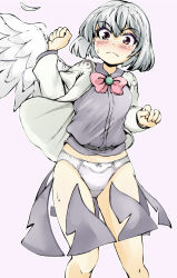 Rule 34 | 1girl, angel wings, belt, blouse, blush, bow, bow panties, bowtie, brooch, clenched hands, closed mouth, cowboy shot, grey hair, hands up, highres, jacket, jewelry, kishin sagume, long sleeves, looking at viewer, mepikari, open clothes, open jacket, panties, pink background, purple panties, purple skirt, red eyes, reverse outfit, shirt, short hair, simple background, single wing, skirt, solo, standing, suit jacket, tearing up, touhou, underwear, white wings, wings