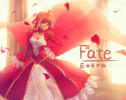 Rule 34 | 10s, 1girl, ahoge, blonde hair, cape, copyright name, dress, epaulettes, fate/extra, fate (series), green eyes, hair ribbon, highres, liangxieyue, nero claudius (fate), nero claudius (fate), nero claudius (fate/extra), petals, ribbon, solo