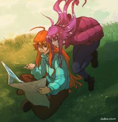 Rule 34 | 2girls, ahoge, badeline, blue coat, blush stickers, carrying, celeste (video game), closed eyes, coat, colored sclera, down jacket, jacket, long hair, madeline (celeste), multiple girls, princess carry, purple coat, red sclera, sweatdrop, thick eyebrows, twitter username, very long hair