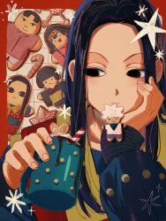 Rule 34 | &lt;o&gt; &lt;o&gt;, 1boy, alluka zoldyck, alternate costume, black eyes, black hair, christmas, cookie, cup, food, food in mouth, foodification, highres, holding, holding cup, holding food, hunter x hunter, illumi zoldyck, kalluto zoldyck, killua zoldyck, light smile, long hair, male focus, milluki zoldyck, snowflakes, solo focus, thicopoyo, upper body