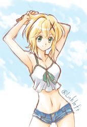 Rule 34 | 1girl, akatsuki kirika, blonde hair, breasts, cleavage, closed mouth, commentary request, cowboy shot, day, green eyes, groin, hair ornament, link (aa30), looking at viewer, medium hair, senki zesshou symphogear, short shorts, shorts, smile, solo, x hair ornament