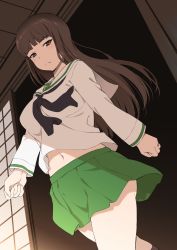 Rule 34 | 1girl, alternate costume, black eyes, black hair, black neckerchief, black socks, blouse, blunt bangs, closed mouth, commentary request, frown, girls und panzer, green skirt, half-closed eyes, highres, inu (aerodog), kneehighs, long sleeves, looking at viewer, mature female, midriff, miniskirt, navel, neckerchief, nishizumi shiho, ooarai school uniform, partial commentary, pleated skirt, sailor collar, school uniform, serafuku, shirt, shouji, skirt, sliding doors, socks, solo, standing, straight hair, walking, white sailor collar, white shirt