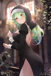 Rule 34 | 1girl, alternate costume, artist name, backless dress, backless outfit, bare back, black dress, blurry, blurry background, braid, braided bangs, breasts, ceres fauna, church, closed mouth, dress, flower, green hair, habit, hair between eyes, hair flower, hair ornament, hololive, hololive english, large breasts, long hair, looking at viewer, mole, mole under eye, mujinbensin, nun, patreon username, revision, solo, thighs, virtual youtuber, yellow eyes