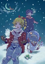 blonde_hair christmas chrono_cross closed_mouth dated denim highres jeans kid_(chrono_cross) long_hair mittens multi-tied_hair open_mouth pants pip_(chrono_cross) ponytail ryon_(yasagure_un) scarf serge_(chrono_cross) smile snow snowing snowman starky_(chrono_cross) torn_clothes torn_jeans torn_pants