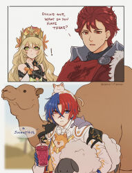 Rule 34 | !, 1girl, 2boys, 2koma, alear (fire emblem), alear (male) (fire emblem), animal, animal in clothes, animal on head, animal on shoulder, bare shoulders, blonde hair, blue eyes, blue gloves, blue hair, camel, cat, celine (fire emblem), comic, commentary, cup, diamant (fire emblem), disposable cup, fire emblem, fire emblem engage, gloves, green eyes, hair between eyes, heterochromia, highres, holding, holding animal, holding cup, icarly, jacket, long hair, long sleeves, meme, multicolored hair, multiple boys, nintendo, on head, red eyes, red hair, sheep, sierra117renner, two-tone hair, very long hair, whatcha got there? (meme), white jacket