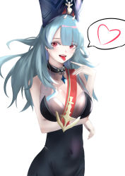 Rule 34 | 1girl, absurdres, aqua hair, arm up, azur lane, black dress, blue headwear, blush, breasts, cleavage, collarbone, covered navel, crossed arms, dress, earrings, facial mark, heart, heart print, highres, jewelry, long hair, looking at viewer, marco polo (azur lane), medium breasts, mianbaoren, open mouth, parted lips, red eyes, saliva, solo, standing, teeth, tongue, tongue out, upper teeth only, white background