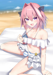 Rule 34 | 1boy, :d, arm support, astolfo (fate), astolfo (sparkling frills) (fate), beach, beach mat, bikini, bow, bulge, fang, fate/grand order, fate (series), hair bow, highres, kitajima yuuki, looking at viewer, male focus, multicolored hair, navel, off-shoulder bikini, off shoulder, open mouth, pink hair, purple eyes, sand, sitting, skin fang, smile, solo, streaked hair, striped bikini, striped clothes, swimsuit, trap, white hair