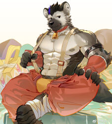 Rule 34 | 1boy, abs, absurdres, alternate muscle size, arknights, bara, bell, box, furry, furry male, gift, gift box, highres, hyena boy, hyena ears, hyena tail, kitai su, large feet, large pectorals, looking at viewer, male focus, male underwear, multicolored hair, muscular, muscular male, neck bell, nipples, orange male underwear, pectorals, short hair, smile, solo, spot (arknights), stomach, streaked hair, suspenders, topless male, underwear