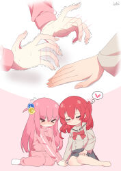 Rule 34 | &gt; &lt;, 2girls, absurdres, bocchi the rock!, bow, cube hair ornament, embarrassed, gotoh hitori, grey skirt, hair ornament, heart, highres, holding hands, kita ikuyo, multiple girls, pink hair, pink track suit, red bow, red hair, school uniform, side ponytail, skirt, spoken heart, strings-lover, tagme, track suit, yuri