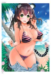 Rule 34 | 1girl, absurdres, animal ears, bare shoulders, beach, bikini, blue pants, blue sky, blush, breasts, brown hair, cat ears, cat tail, cleavage, clothes pull, cloud, cloudy sky, collarbone, cowboy shot, day, flower, green eyes, groin, hair flower, hair ornament, hand up, highres, large breasts, legs together, long hair, looking at viewer, navel, nylon (nylon 100%), ocean, open mouth, original, outdoors, palm tree, pants, pants pull, petals, plant, side-tie bikini bottom, sky, smile, solo, stomach, strap gap, string pull, striped bikini, striped clothes, swimsuit, tail, tiger ears, tiger tail, toranoana, tree, untied bikini, water, waves