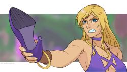 Rule 34 | 1girl, anger vein, blonde hair, blue eyes, bracelet, breasts, cleavage, fatal fury, garou: mark of the wolves, high heels, highres, holding, holding shoes, jenet behrn, jewelry, long hair, pumps, shoes, solo, the king of fighters, the king of fighters xv, upper body, wallace pires
