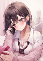 Rule 34 | 1girl, black hair, blush, box, breasts, brown eyes, cardigan, cellphone, cleavage, collarbone, dress shirt, feet up, head tilt, heart-shaped box, highres, large breasts, long hair, long sleeves, lying, neckerchief, off shoulder, on bed, on stomach, original, phone, pink cardigan, red neckerchief, shirt, smartphone, socks, solo, valentine, white shirt, white socks, yugirlpict