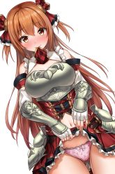 Rule 34 | 1girl, arm guards, armor, bare shoulders, blush, bow, bow panties, breastplate, breasts, brown hair, cleavage, closed mouth, clothes lift, corset, dutch angle, elbow gloves, faulds, fingerless gloves, frilled skirt, frills, gloves, gluteal fold, hair between eyes, hair ribbon, highres, lifted by self, looking at viewer, medium breasts, miniskirt, musical note, musical note print, necktie, nozomi (princess connect!), panties, pink bow, pink panties, plaid necktie, plaid neckwear, princess connect!, print panties, red eyes, red necktie, red ribbon, red skirt, ribbon, simple background, skirt, skirt lift, solo, tonelico1213, two side up, underwear, white background, white gloves