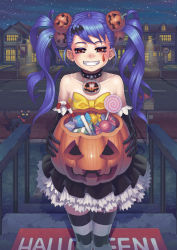 Rule 34 | 1girl, bare shoulders, bat hair ornament, black cat, black gloves, blue hair, blush, brown eyes, candy, candy cane, cat, choker, elbow gloves, food, food-themed hair ornament, frills, gloves, gonster, grin, hair ornament, halloween, holding, holding food, holding pumpkin, holding vegetable, house, jack-o&#039;-lantern, lamppost, lollipop, long hair, mailbox, naughty face, night, night sky, original, pavement, post, pumpkin, pumpkin hair ornament, skirt, sky, smile, solo, striped clothes, striped thighhighs, teeth, thighhighs, trick or treat, twintails, vegetable, zettai ryouiki