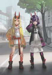 Rule 34 | 2girls, :p, arm up, blonde hair, boots, casual, city, commentary, contemporary, english commentary, eyeshadow, facial mark, fang, fate/grand order, fate (series), fingernails, forehead mark, hand on own hip, highres, horns, ibaraki douji (fate), looking at viewer, makeup, multiple girls, oni, paintrfiend, pink eyes, pointy ears, purple hair, red eyeshadow, sharp fingernails, sharp toenails, shuten douji (fate), skin-covered horns, skin fang, tattoo, toenails, tongue, tongue out, yellow eyes