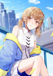 Rule 34 | 1girl, absurdres, aircraft, airplane, azusawa kohane, bare legs, bare shoulders, blue shorts, blush, brown eyes, brown hair, building, character name, choker, closed mouth, cloud, collared shirt, commentary request, dress, flyer (vocaloid), hair ornament, hairclip, happy birthday, highres, hizaki sui, jacket, legend still vivid (project sekai), long sleeves, looking at viewer, multicolored clothes, multicolored jacket, official alternate costume, open clothes, open jacket, outdoors, project sekai, shirt, short twintails, shorts, sky, sleeveless, solo, twintails, white dress